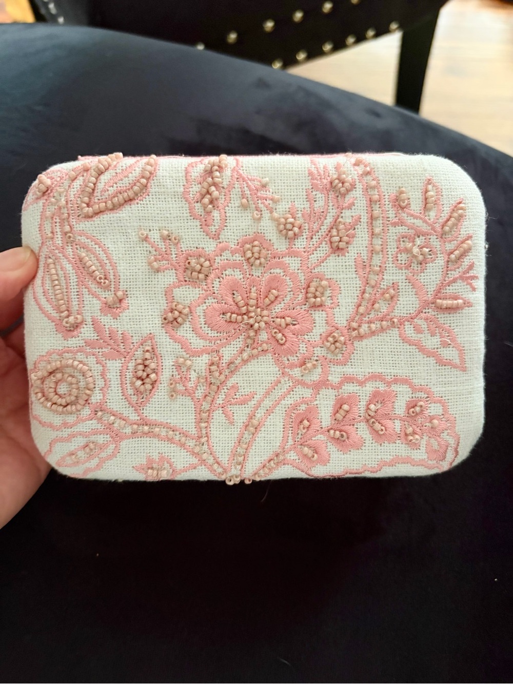 NWT Pink Floral Hand-Embroidered Beaded Linen Jewelry Box “From India To”